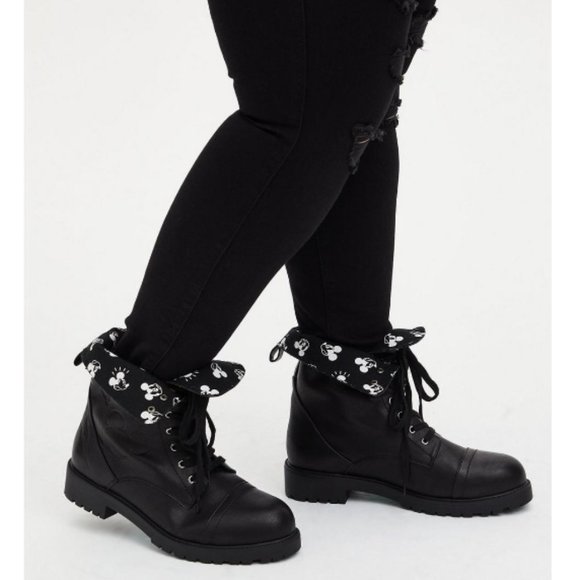 torrid Shoes - Torrid Disney Mickey Mouse Black PU Leather Fold Over Combat Boots SZ 10.5 WW